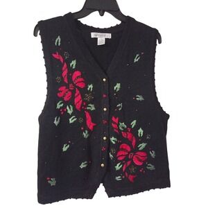 ARRIVISTE Black Christmas Sweater Vest Beaded Holly Bows Size L